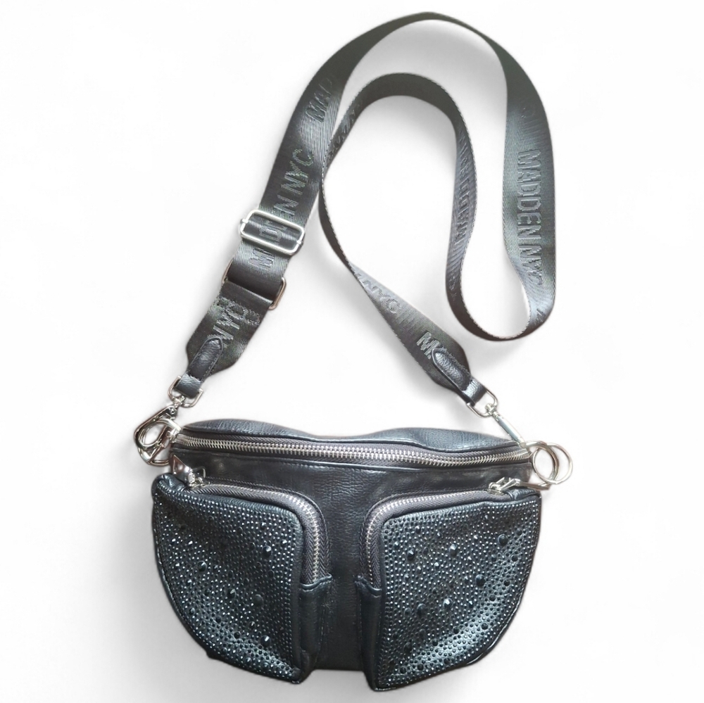 Madden NYC Black Studded Belt Fanny Pack Crossbody Bag